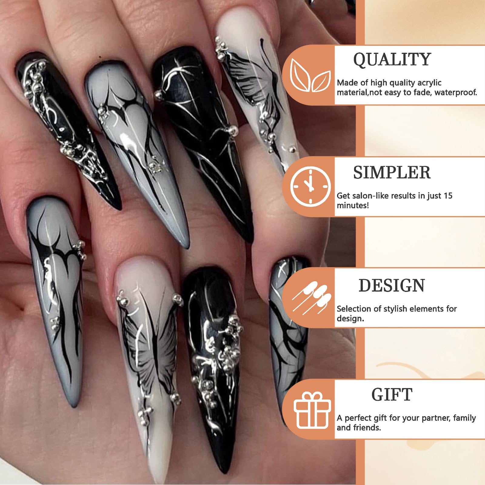 GlamRays 24pc Gothic Black Butterfly Acrylic Stiletto False Nails, Pack of 1 Set, 12 Different Sizes, 1 ml (Pack of 24) - Image 4