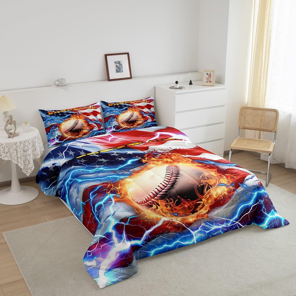 Feelyou Boys 3D Baseball Comforter Set American Flag Bedding Toddler Size for Adult Girls Kids Ball Games Sports Theme Duvet Set Retro USA Flag Print Quilts Grunge Stripes Star Decor Bedding