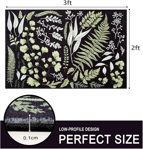 Miniatura 2 de Bonito tapete botánico para puerta, ultrafino, de 2 x 3 pies, antideslizante, color negro y verde oscuro, tapete pequeño, lavable, estético con