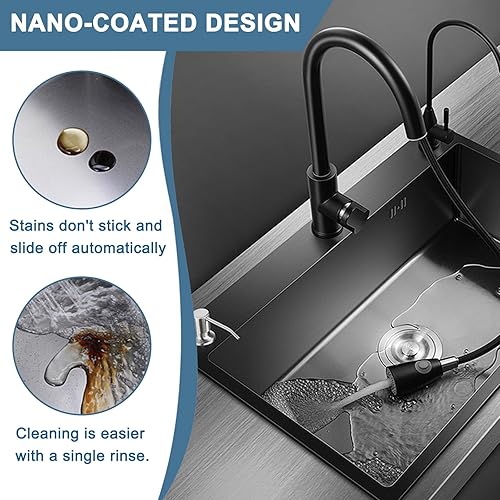 Miniatura 2 de Fregadero de cocina de acero inoxidable negro, juego de fregadero de cocina nano con caída de 21.7 x 17.8 pulgadas, fregadero de cocina de un solo