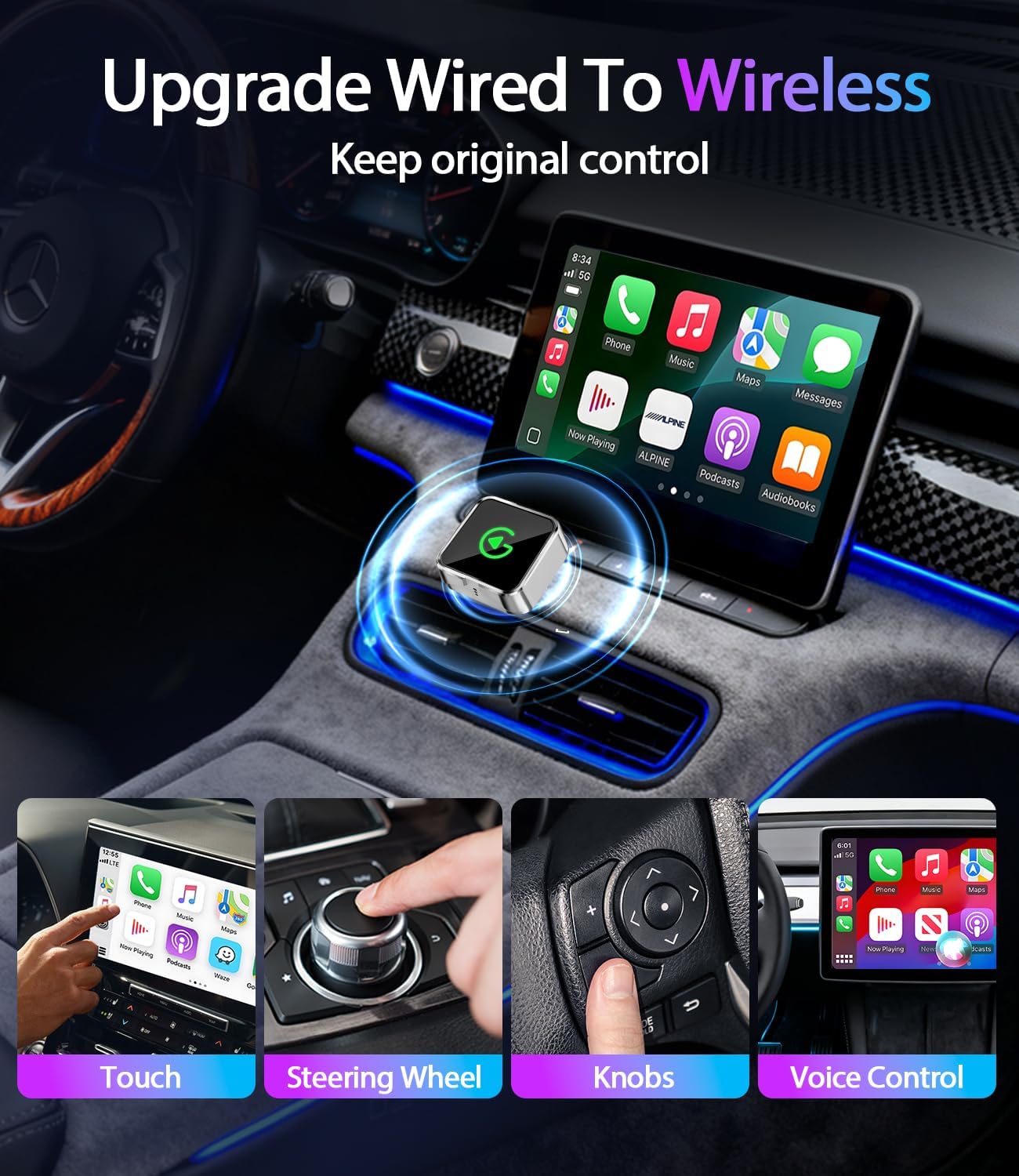2026 Upgraded Wireless CarPlay Adapter for iPhone & Android Auto, Converts Wired to Wireless Car Play, 3-Second Auto Connect & Stable Zinc Alloy Material, Mini Plug & Play, with USB-A & Type-C