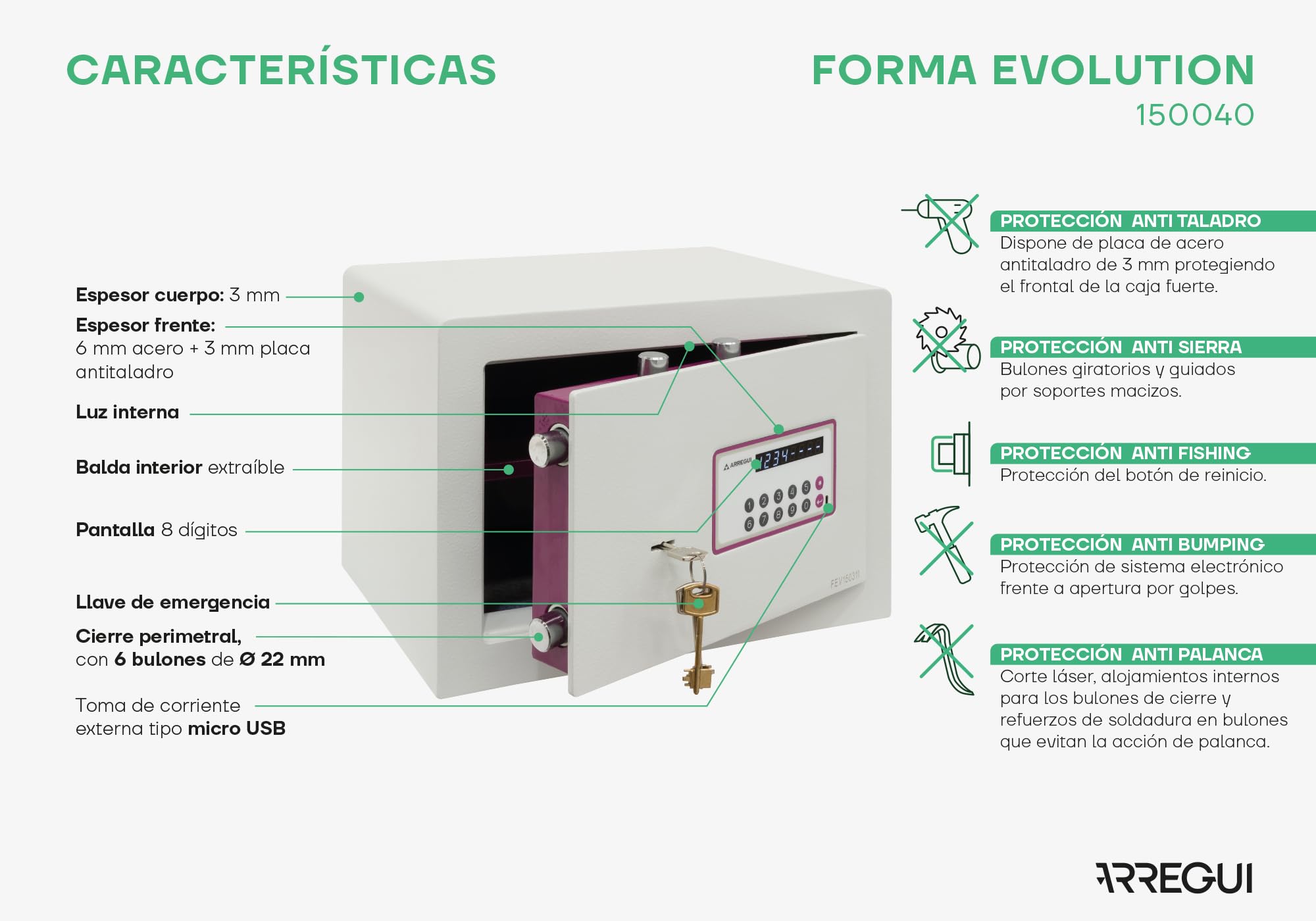 ARREGUI Forma Evolution 150040 Caja fuerte con llave y codigo, facil de usar | Caja de seguridad, apertura con teclado y llave | Caja fuerte electronica para casa, doble seguridad | 27x38,5x30cm | 25L