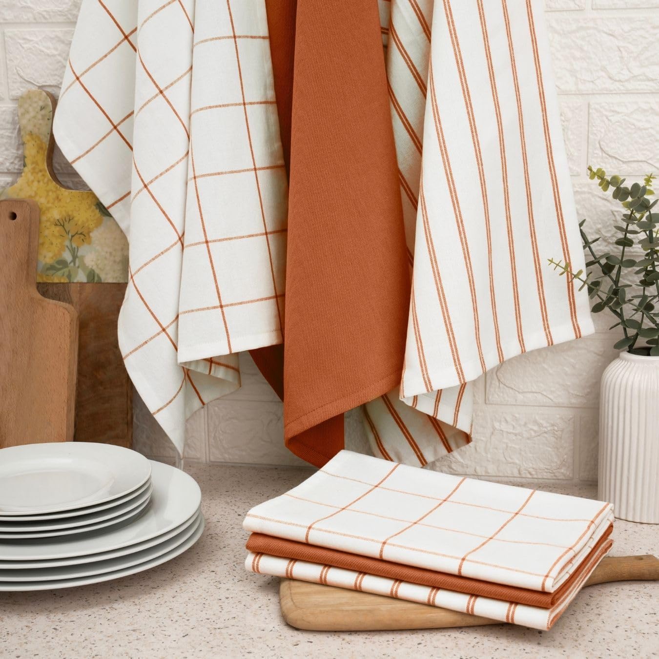100% Cotton Kitchen Towels (Pack of 6) - 28x18 Inch Lint Free Dish Towels, Premium Pre-Washed Dish Cloths in Clay Shades with Solid, Check, Stripe Patterns, Oeko-TEX & SEDEX Certified