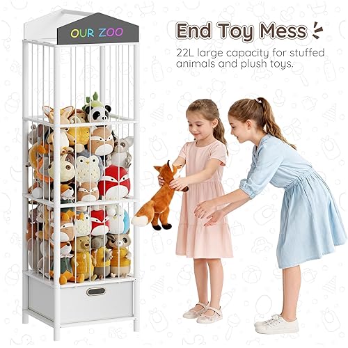 Miniatura 6 de HOOBRO Almacenamiento y organizador de animales de peluche, soporte de bambú para animales de peluche con cajón de tela y pizarra de bricolaje,