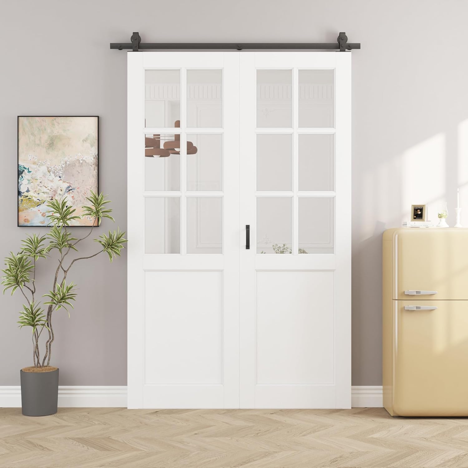 60" x 96" Pre-Assambled 6-Lites Clear Glass Bifold Barn Door with 64" Track Hardware Kit Included, MDF Panels Bi Fold Barn Doors, Sliding Closet Door with Excellent Sound Insolution, Easy to Install