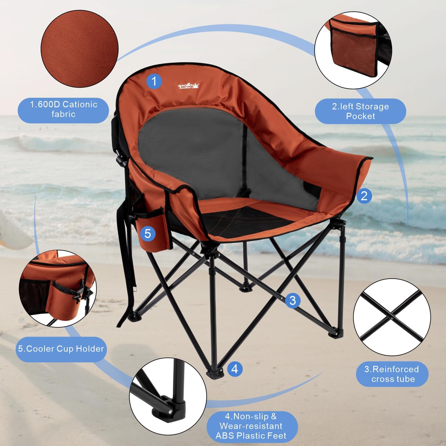 apollo walker Oversized Camping Chair - Heavy Duty XL Padded Camping Chairs with Breathable Mesh, Portable Folding Outdoor Chairs for Adults, Beach Chair with Cup Holder & Side Pocket, Supports 500lbs