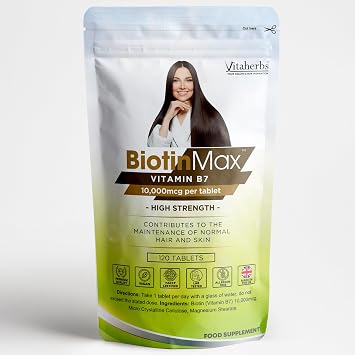 BiotinMax  10,000mcg - Biotin High Strength 120 Vegan Tablets | Biotin Contributes to The Maintenance of Normal Hair and Skin | Skin Hair Nails Vitamins | Vitamin B7 | Biotin Hair Growth