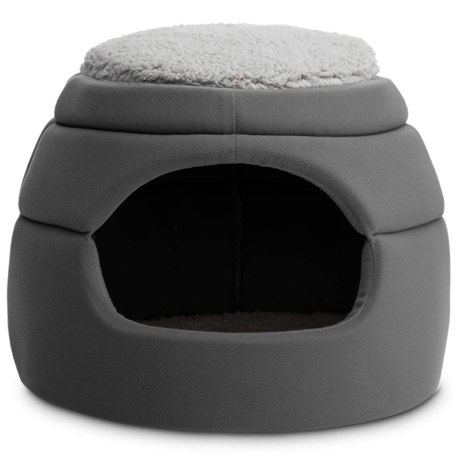14×14×12 inches Self-Warming 2 in 1 Foldable Cave Shape High Elastic Foam Pet Cat Bed, Gray Top