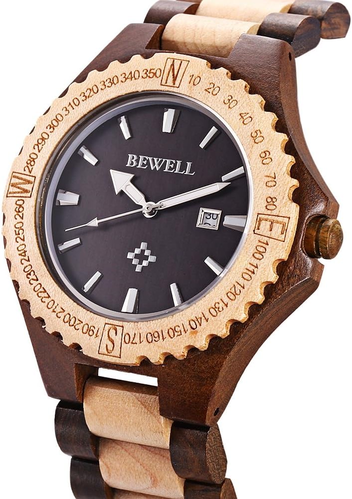 BEWELL ZS-W023A Mens Wooden Watch Quartz Movement Lightweight Handmade Calendar Analog Wrist Watch - Image 2