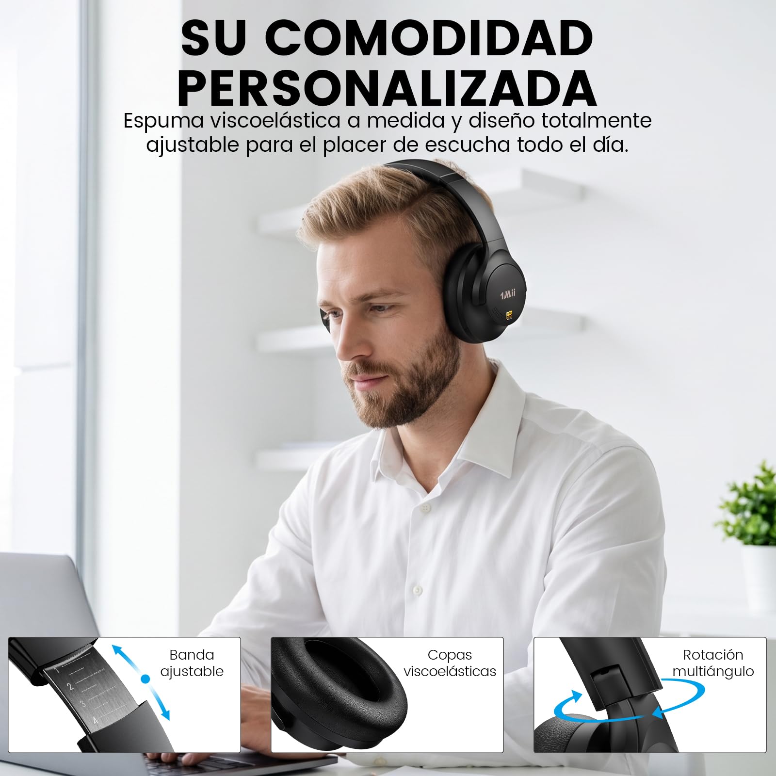 1Mii Y8+ Cascos Inalámbricos Bluetooth Cancelación Ruido Diadema, Negro | ANC Híbrida, Sonido LDAC Hi-Res con Graves Potentes, 100 h de reproducción, BT 6.0, Cómodos, EQ personalizable con App