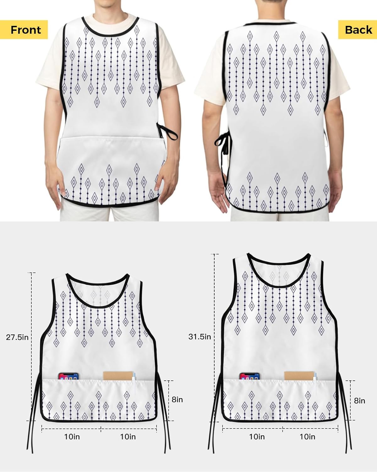 Bohemia Geometric Cobbler Aprons with 2 Pockets for Women Men, Geometric Stripes Rhombus White