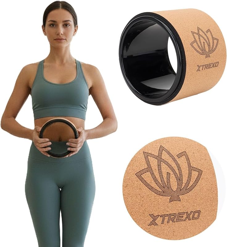 TREXO Yoga Wheel Natural Cork with a Diameter of 32 cm and a Width of 13 cm in Brown Made from 100% Ecological Cork Perfect for Stretching Comfortable Thanks to Foam Padding Lightweight Yoga Wheel
