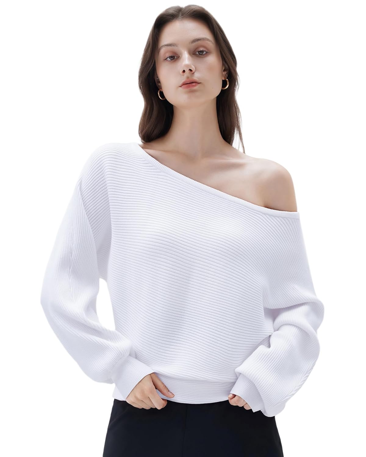 SUUKSESS Women Cashmere Blend Oversized Off Shoulder Pullover Sweaters Boat Neck Long Sleeve Knit Jumpers Tops