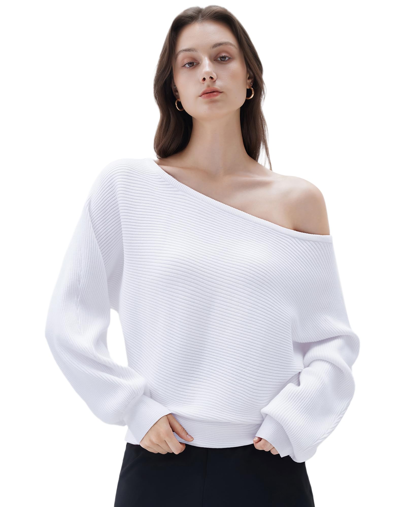SUUKSESS Women Cashmere Blend Oversized Off Shoulder Pullover Sweaters Boat Neck Long Sleeve Knit Jumpers Tops