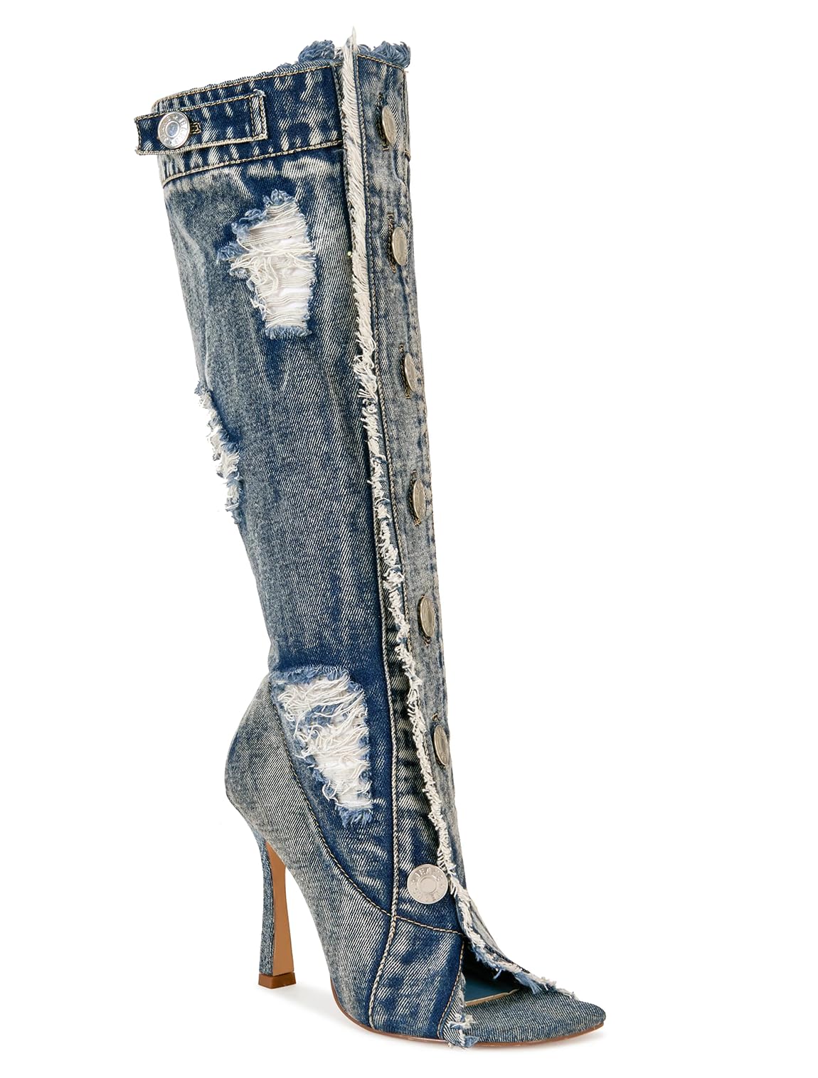 Knee High Boots for Women Stiletto Heels Square Open Toe Pull On Tall Long Boots High Heel Booties