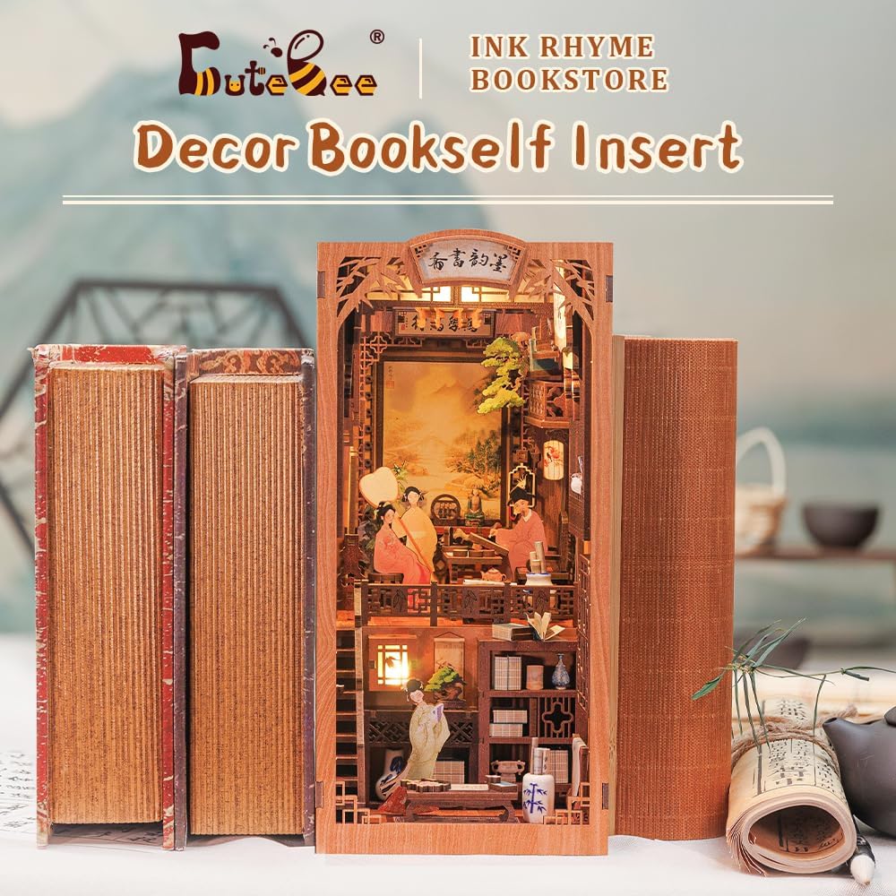 CUTEBEE fai da te Book Nook Kit con coperchio antipolvere,fai da te in miniatura casa delle bambole Booknook Bookshelf Insert Bookend Stand Modello Build Kit con luce LED (Ink Rhyme Bookstore)