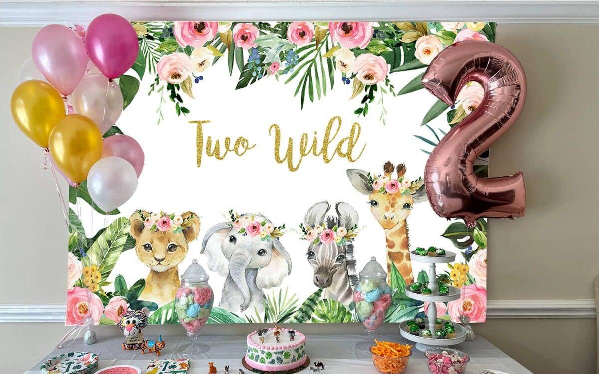 Avezano Girl Two Wild Backdrop Jungle Safari Animals 2nd Birthday Background 7x5ft Gold Two Wild Birthday Party Banner Decorations for Girls