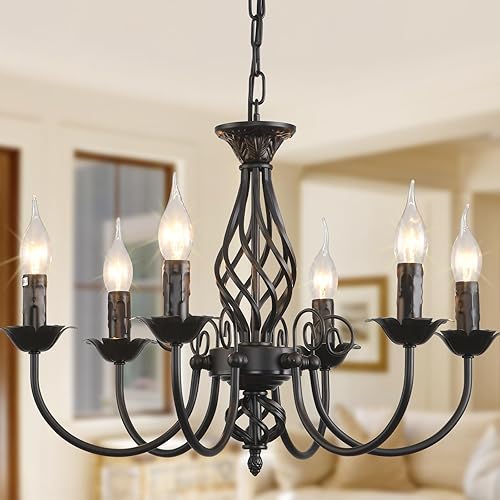 Jaycomey Farmhouse Candle Chandelier for Dining Room, 6-Light Rustic Industrial Pendant Ceiling Light Fixture, Vintage Black Hanging Lamp for Living Room Bedroom Hallway Kitchen Foyer, E12 Base