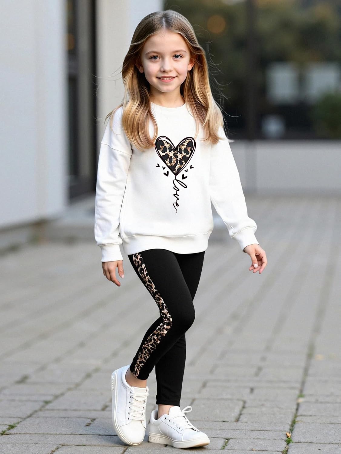 Girls Long Sleeve Sweatshirt 2 Piece, Bow Graphic Top and Pants Spring Fall Fashion Casual Clothes.