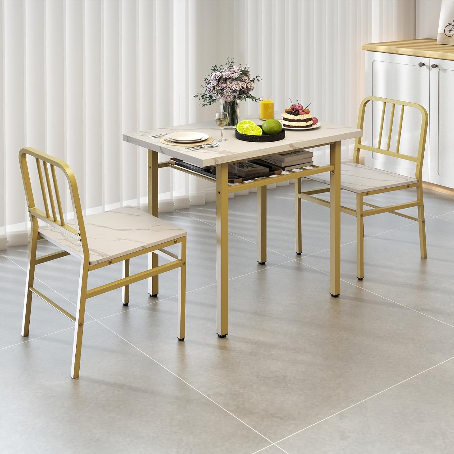 GOFLAME 3-Piece Dining Table Set for 2, Faux Marble Rectangular Kitchen Table and 2 Chairs with Storage Rack and Metal Frame, Space-Saving Dinette Set for Dining Room, Apartment, Small Space, White