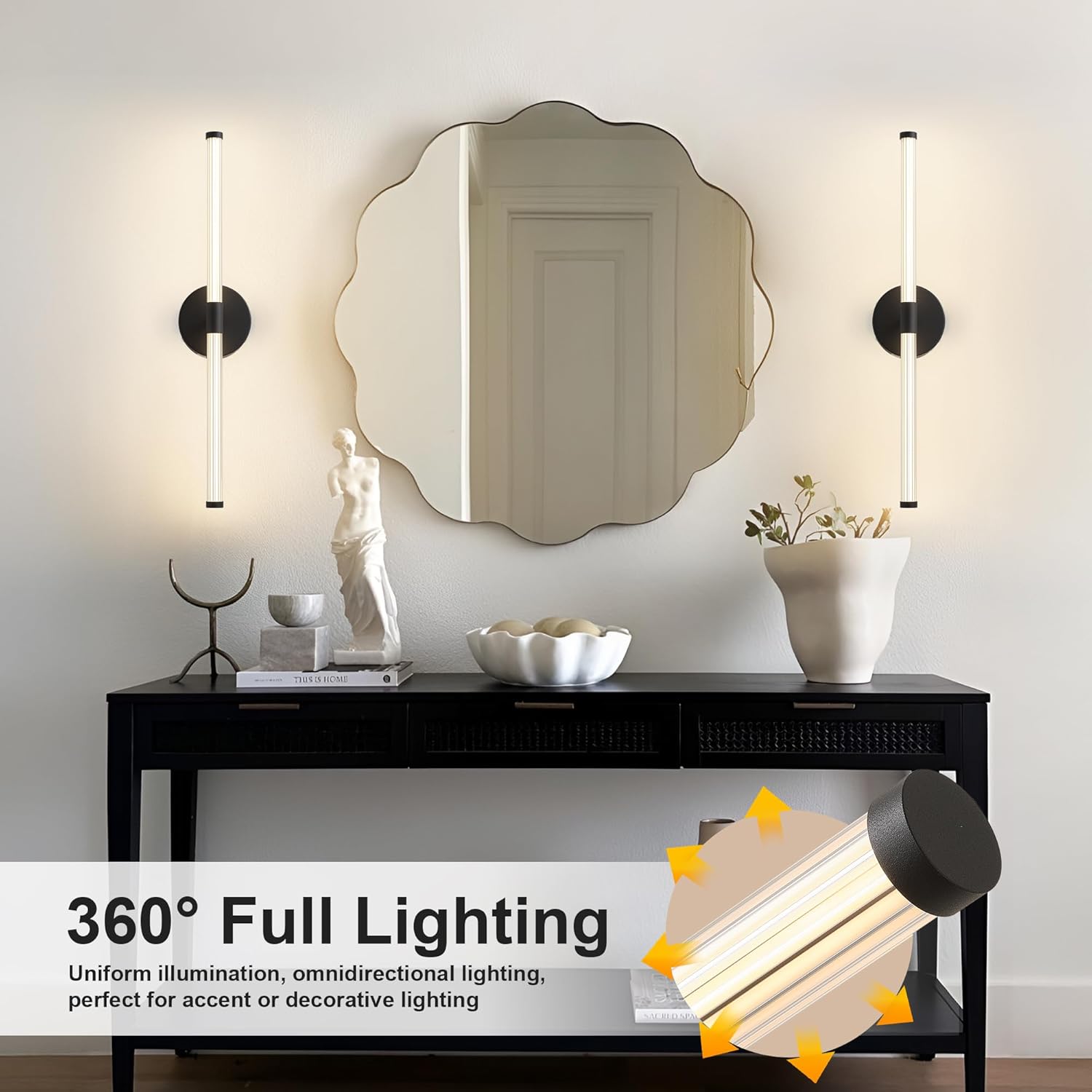 KARTOOSH Wireless Wall Sconces Rechargeable Battery Operated LED Wall Light with Remote, 3000K-6000K Adjustable Stepless Dimming for Bedroom, Hallway, Kitchen, 23.6 Inch Black