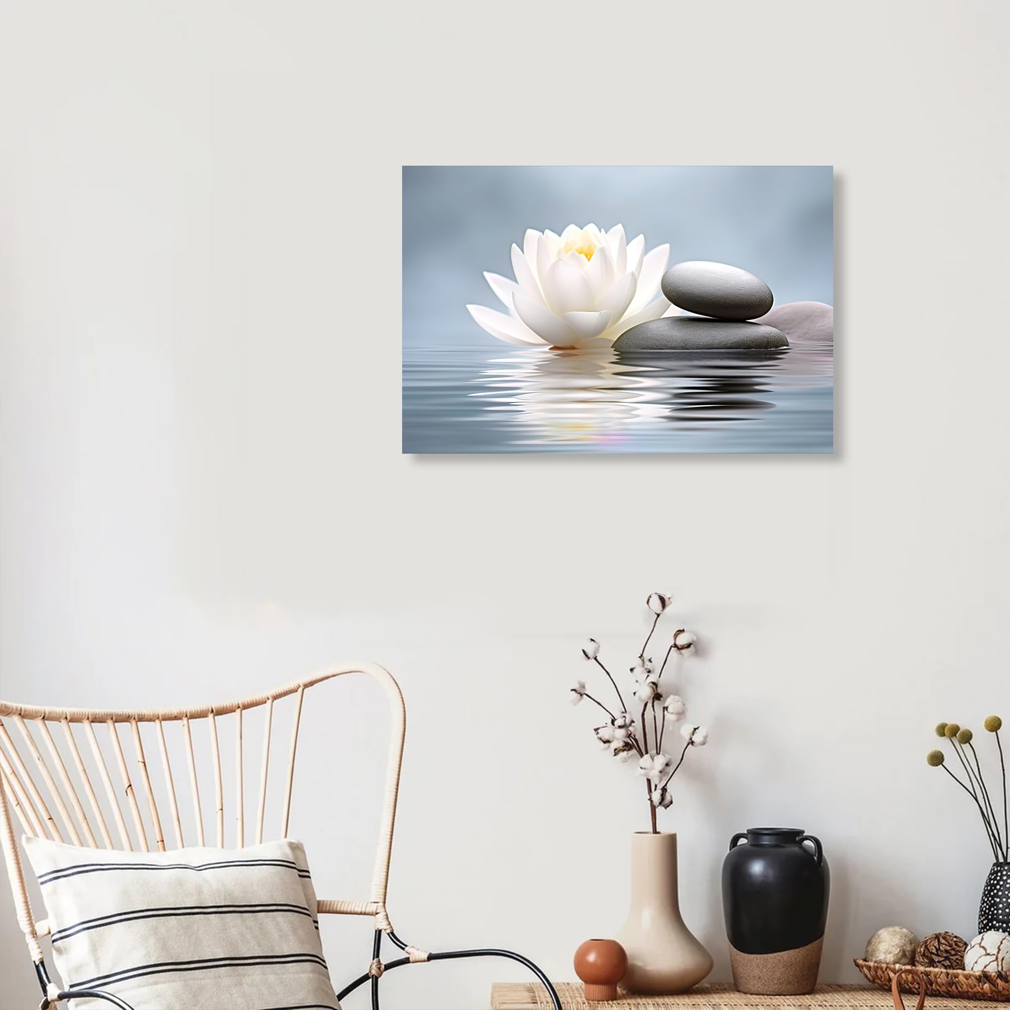 QIXIANG Zen Wall Art Black Stones and White Lotus Flowers Picture on Canvas Prints for Yoga Spa Meditation Bathroom Decor with Framed (Zen Stones Lotus -3, 16.00" x24.00")