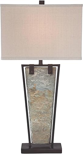 Miniatura 7 de Franklin Iron Works Zion - Lámpara de mesa rústica de 30 pulgadas de alto, marco de metal cónico de bronce pizarra natural, pantalla rectangular