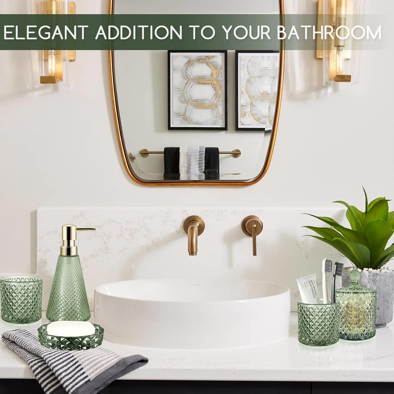 Glass Bathroom Accessories Set,5Pcs Green Vintage Bathroom Accessory Set, Bathroom Counter Sink Toothbrush Holder Set Includes Hand/Lotion Soap Dispenser & 2 Tumbler & Soap Dish & Qtip Holders