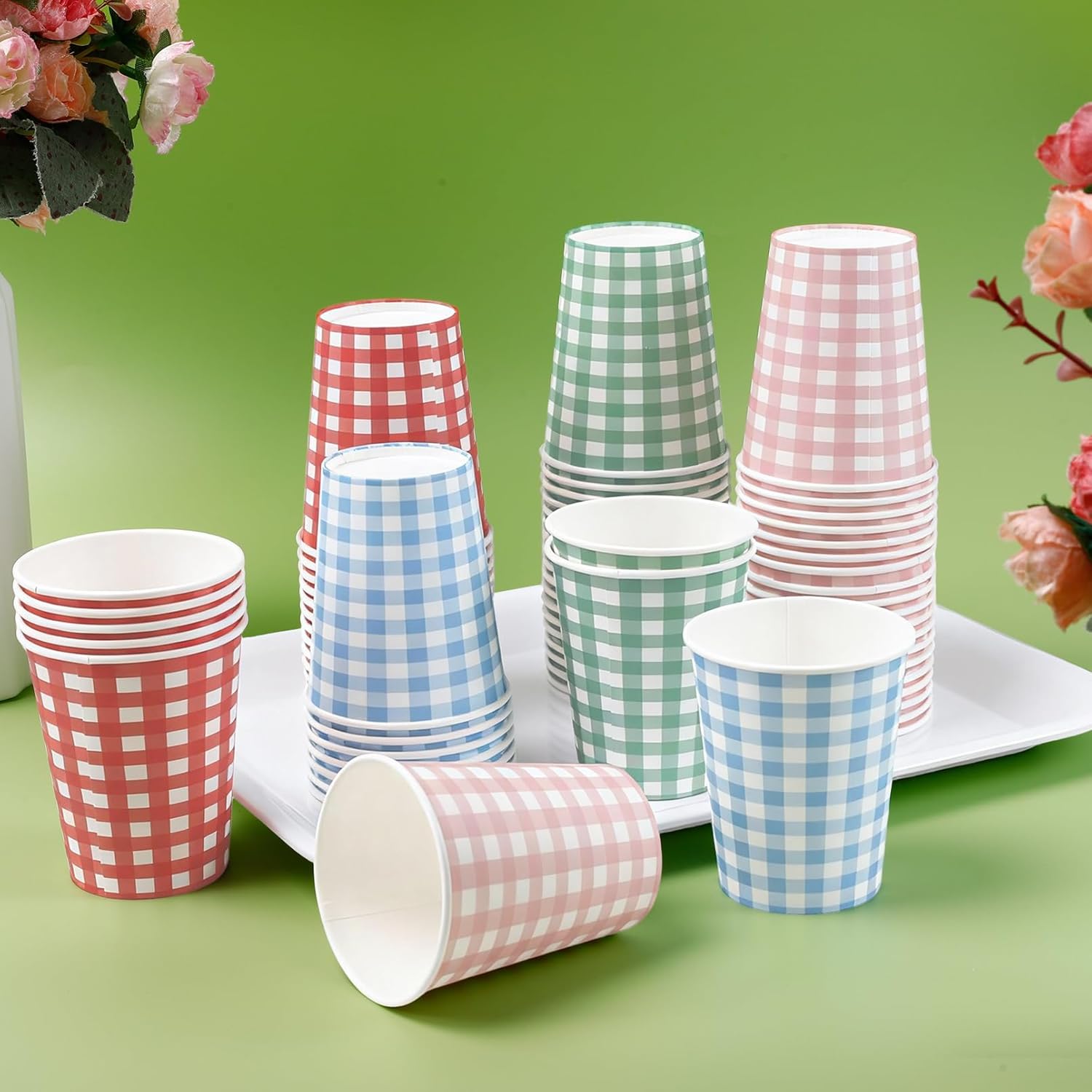 100 Pcs 9 oz Paper Cups, Gingham Paper Drinking Cups, 4 Colors Disposable Plaid Checkered Cup, Gingham Coffee Cup for Hot Cold Beverage, Birthday, Baby Shower, Picnic, Wedding, Party Supplies - Image 5