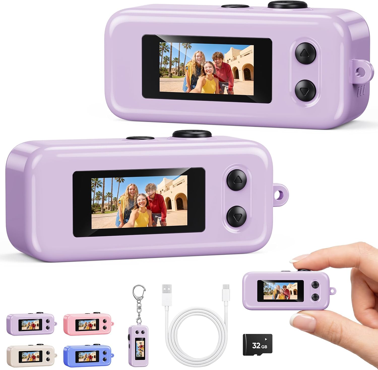 Mini Keychain Digital Camera, Tiny Pocket Camera with 16X Zoom, 2MP 1080P Small Camera with 32GB Card,Long Battery Life Portable Keychain Camera for Kids,Travel and Party,Lavender Purple