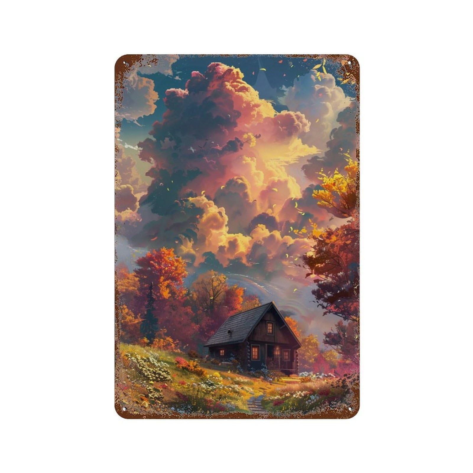 Autumnal Cabin in Fantasy Forest Weathered Tin Sign 11.8"x7.9", Rustic Home Decor for Garage, Pub Or Kitchen