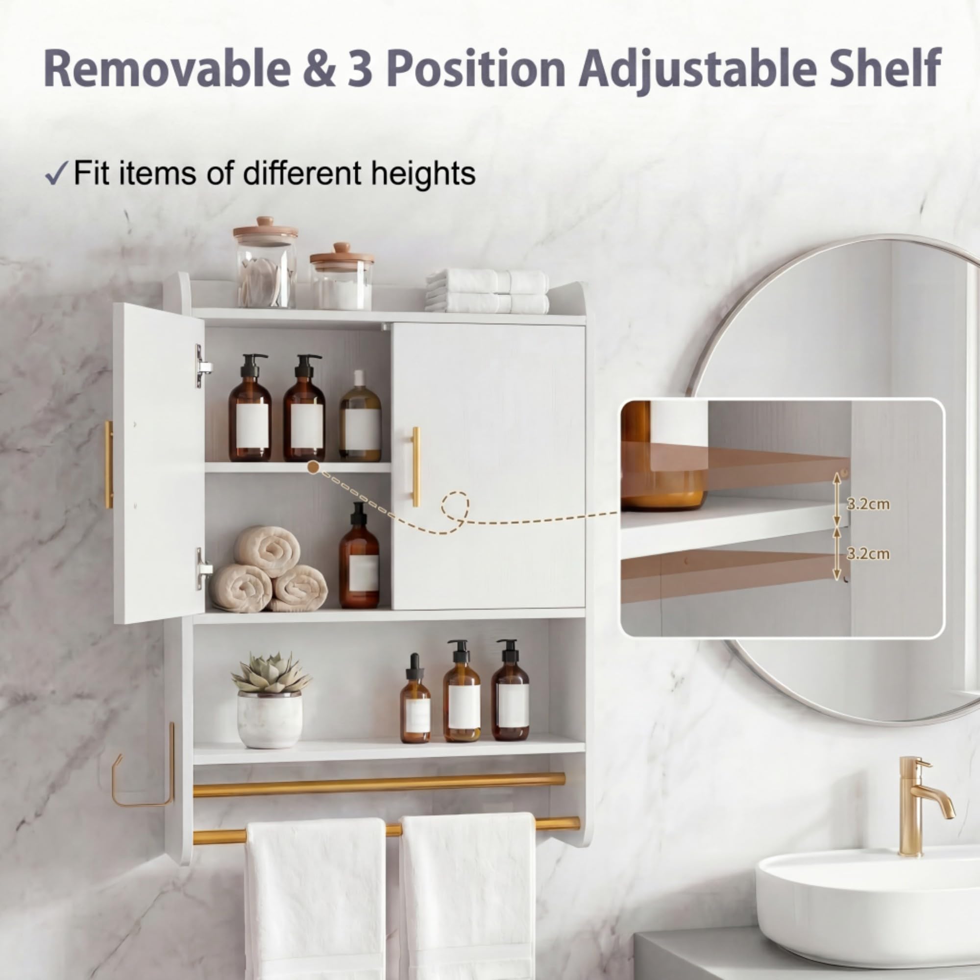 LIFEZEAL Mobile Bagno a Parete, Pensile Bagno Sospeso con Ripiano Regolabile, Scomparto Aperto, 2 Portasciugamani e Gancio Laterale, Mobile Cucina Salvaspazio per Ingresso, 55 x 20 x 80 cm (Bianco)