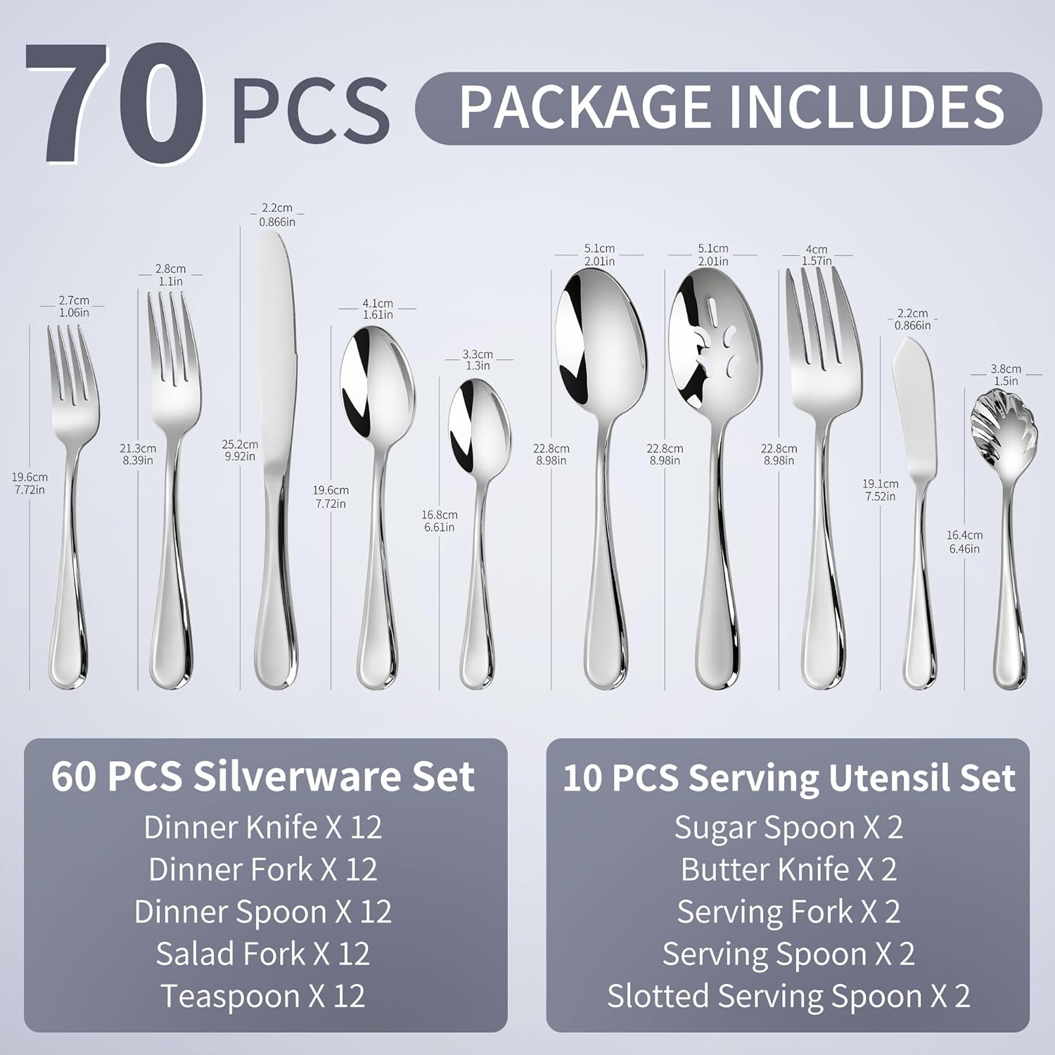 18/10 Stainless Steel Flatware Set for 12, 70-Piece High End Silverware Set, Weighted Flatware Set Includes Spoons Forks Knives and 2 Sets of Serving Utensils