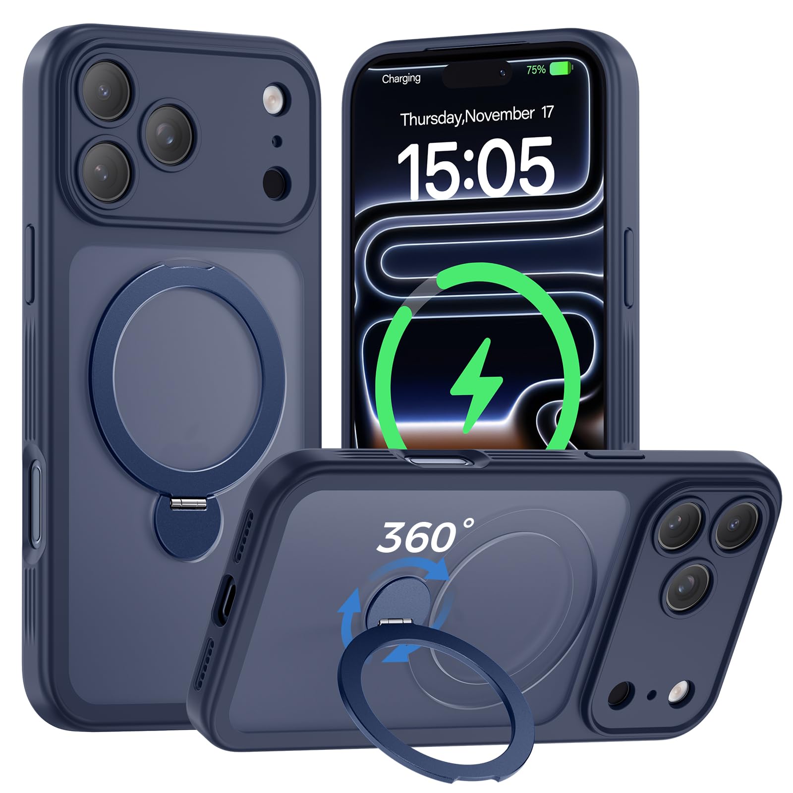 for iPhone 17 Pro Max Case with 360° Spin Magnetic Stand, Blue