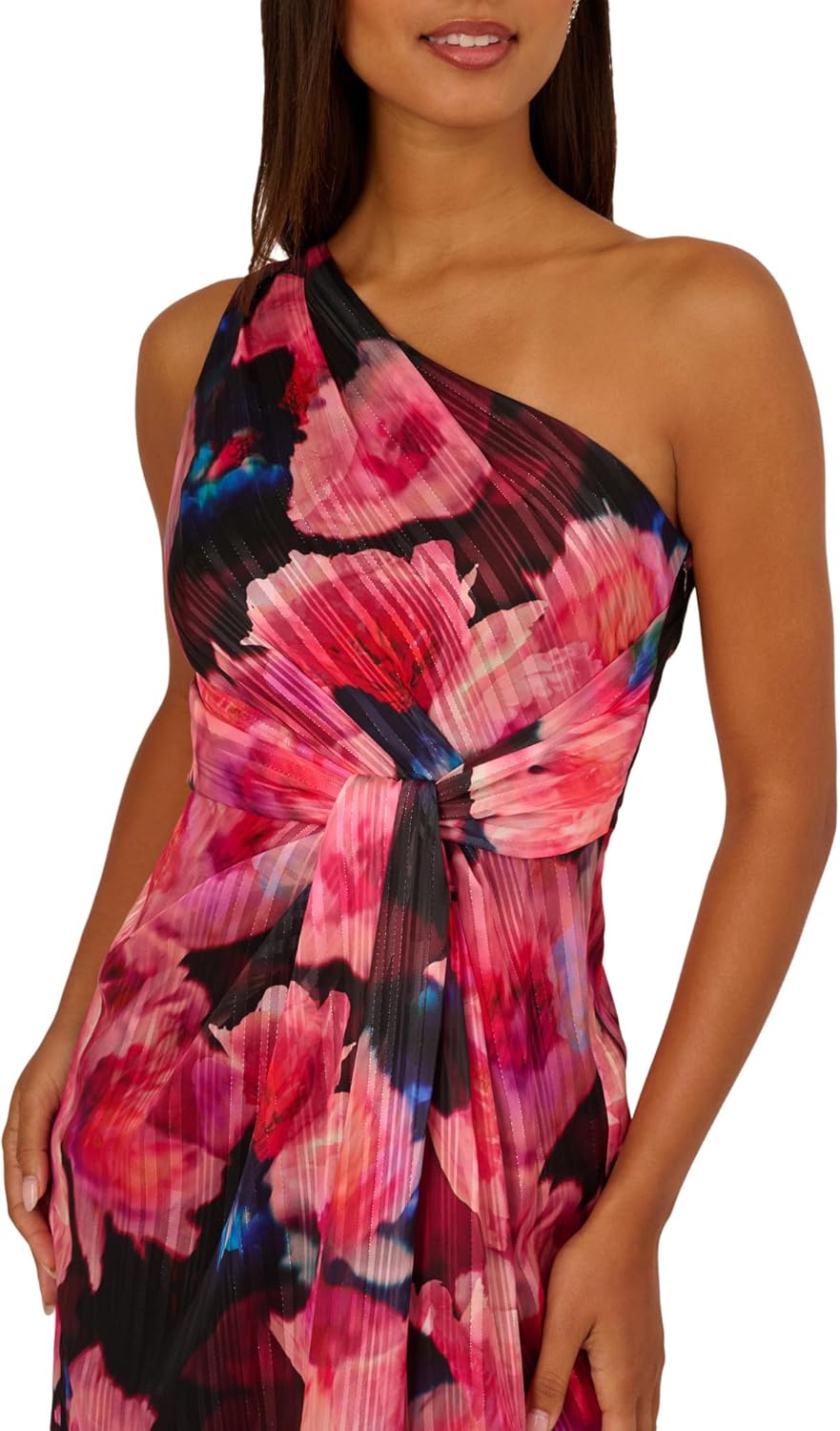Adrianna Papell ONE Shoulder Chiffon Gown Black/Berry 6