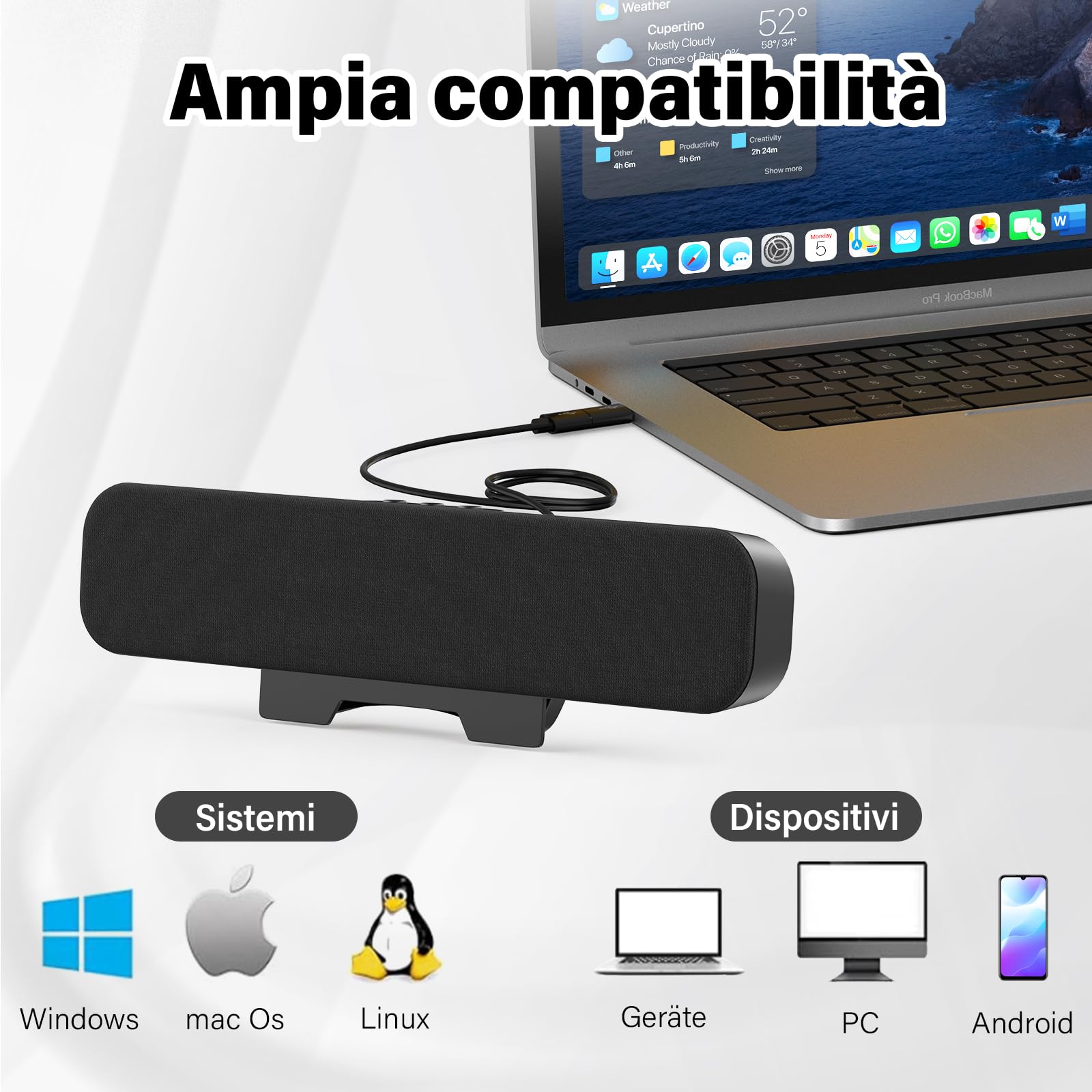 Altoparlanti PC, Casse PC Usb per Desktop, Laptop, Altoparlante Speakers Soundbar Portatile con Design a Clip per Monitor, Plug and Play