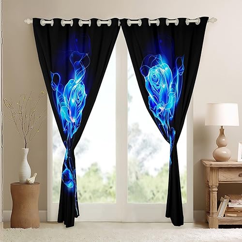 Miniatura 4 de Cortinas de ventana de rosas azules para decoración de habitación, cortinas florales de rosas para niños y niñas, cortinas de ventana con flores con