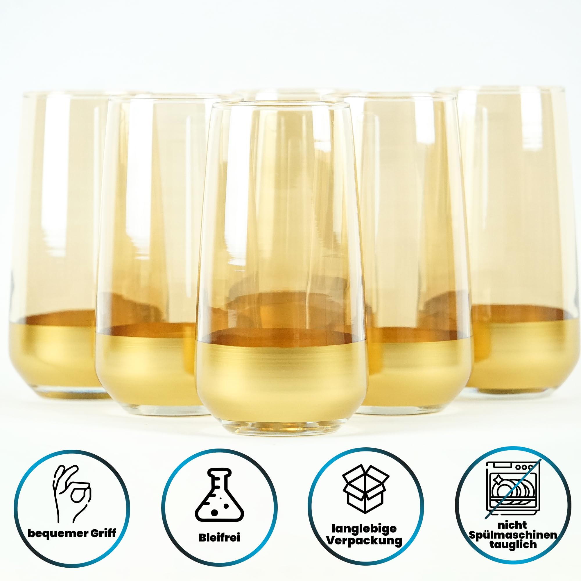 Gold Trinkgläser, Set von 6, 500 ml, Gold Gläser, Wassergläser, Cocktailgläser, Elegante Handgefertigte, Luxuriöses Goldenes Design