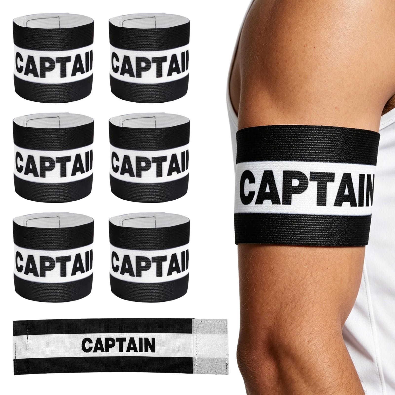 Captain Armband, Football Captain's Armbands, Adjustable Elastic Design for Youth and Adult Team Sports, 6-Piece Black Nylon Set with Velcro Closure for Secure Fit During Matches and Training