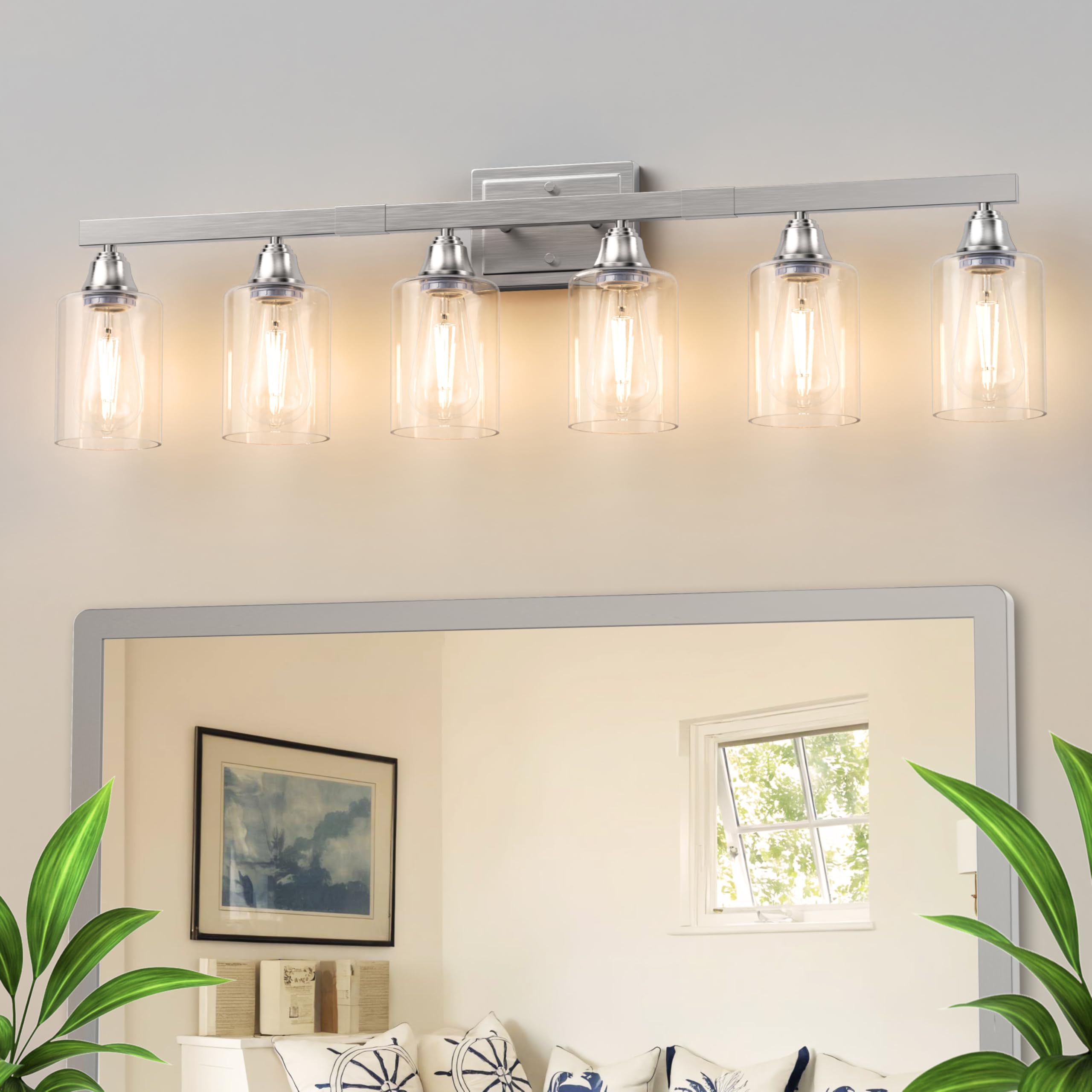 Photo 1 of VOLISUN Brushed Nickel Bathroom Light Fixtures, 6-Light Bathroom Vanity Light Over Mirror, Modern Vanity Lights for Bathrooms, Bathrooms Lights Fixtures Over Mirror with Clear Glass Shades