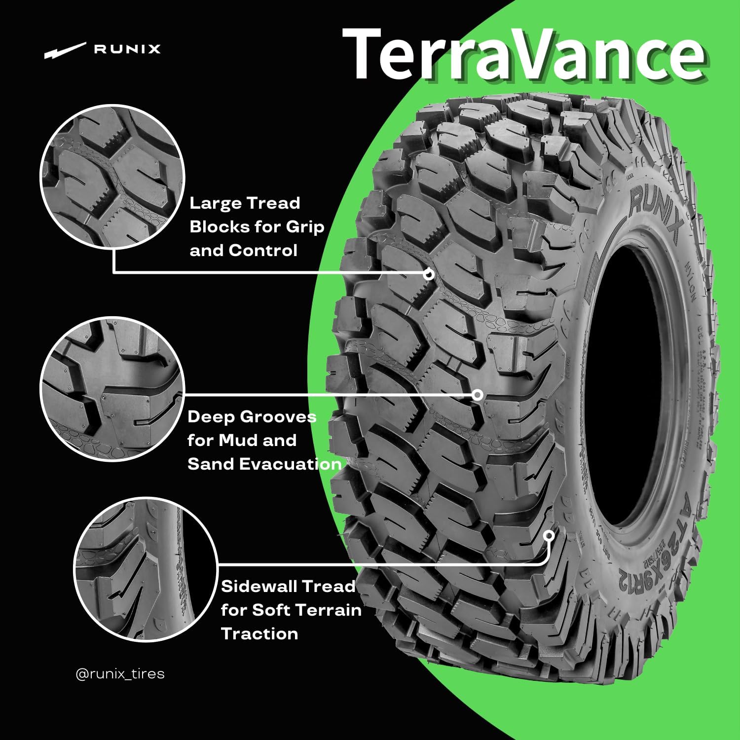 RUNIX ATV UTV Radial Tires, RUNIX TerraVance, 27X9R12 Front, 27X11R12 Rare, Set of 4, Radial Tire, All Terrain, 6PR, Tubeless, 27X9-12, 27X11-12
