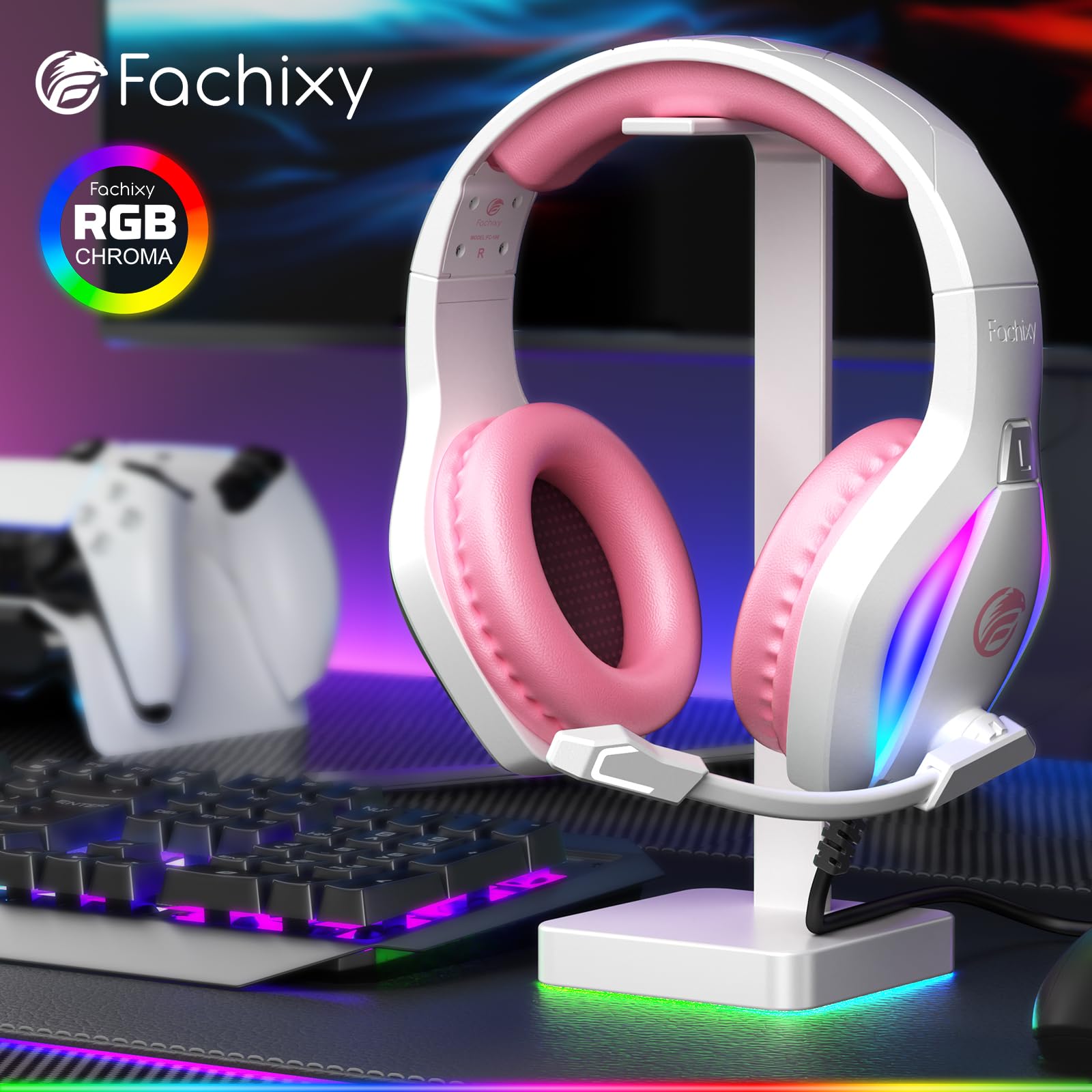 Fachixy FC100 Gaming Headset für PS4, PS5, PC, Xbox, Nintendo Switch, Gaming Kopfhörer mit Kabel und RGB Licht, Stereo Surround Kopfhörer mit Mikrofon, Noise Cancelling Gamer Headphones - Weiss-ROSA