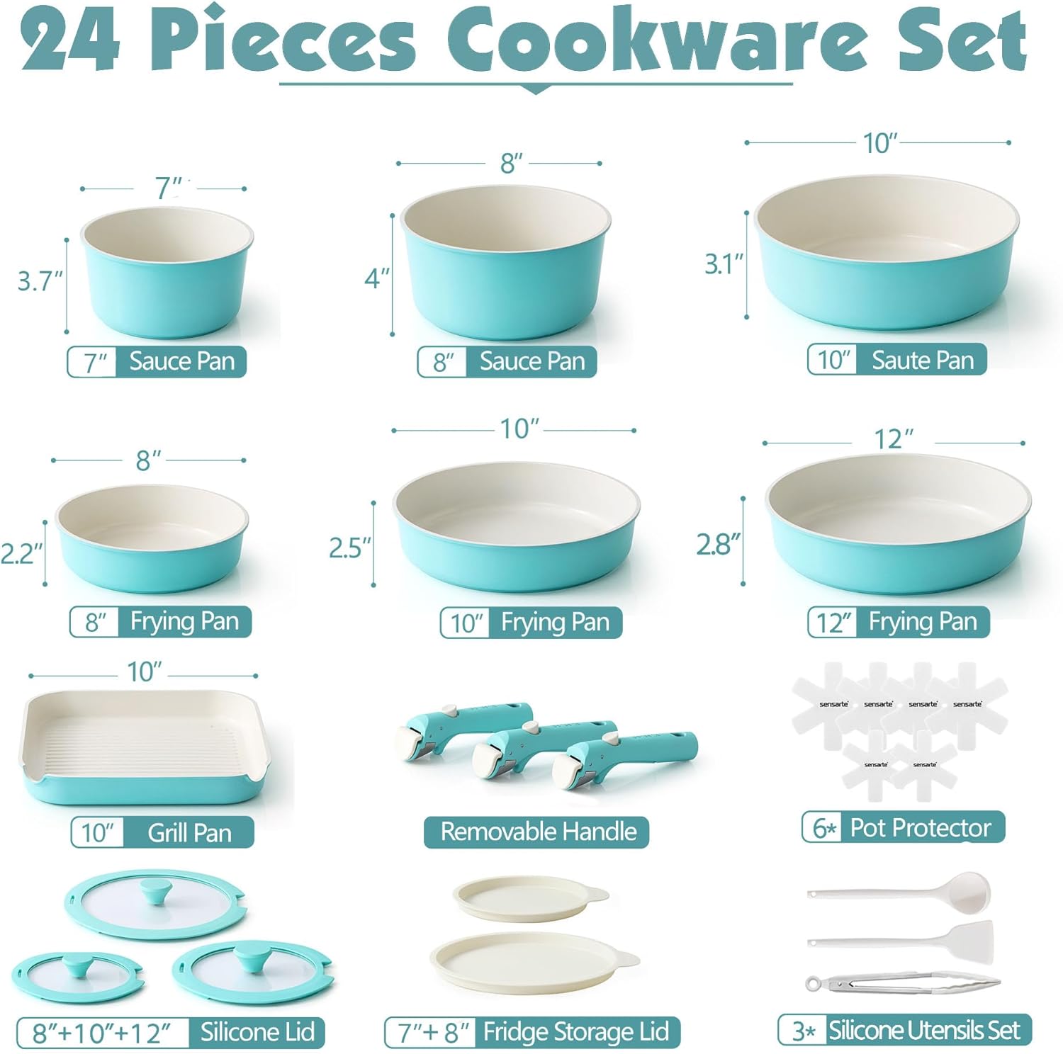 SENSARTE 24 Piece Ceramic Pots and Pans Set, Nonstick Detachable Handle Cookware, Induction Cookware Set with Removable Handle, Healthy Non Stick for RV, Dishwasher＆Oven Safe, PFOA Free (Turquoise)
