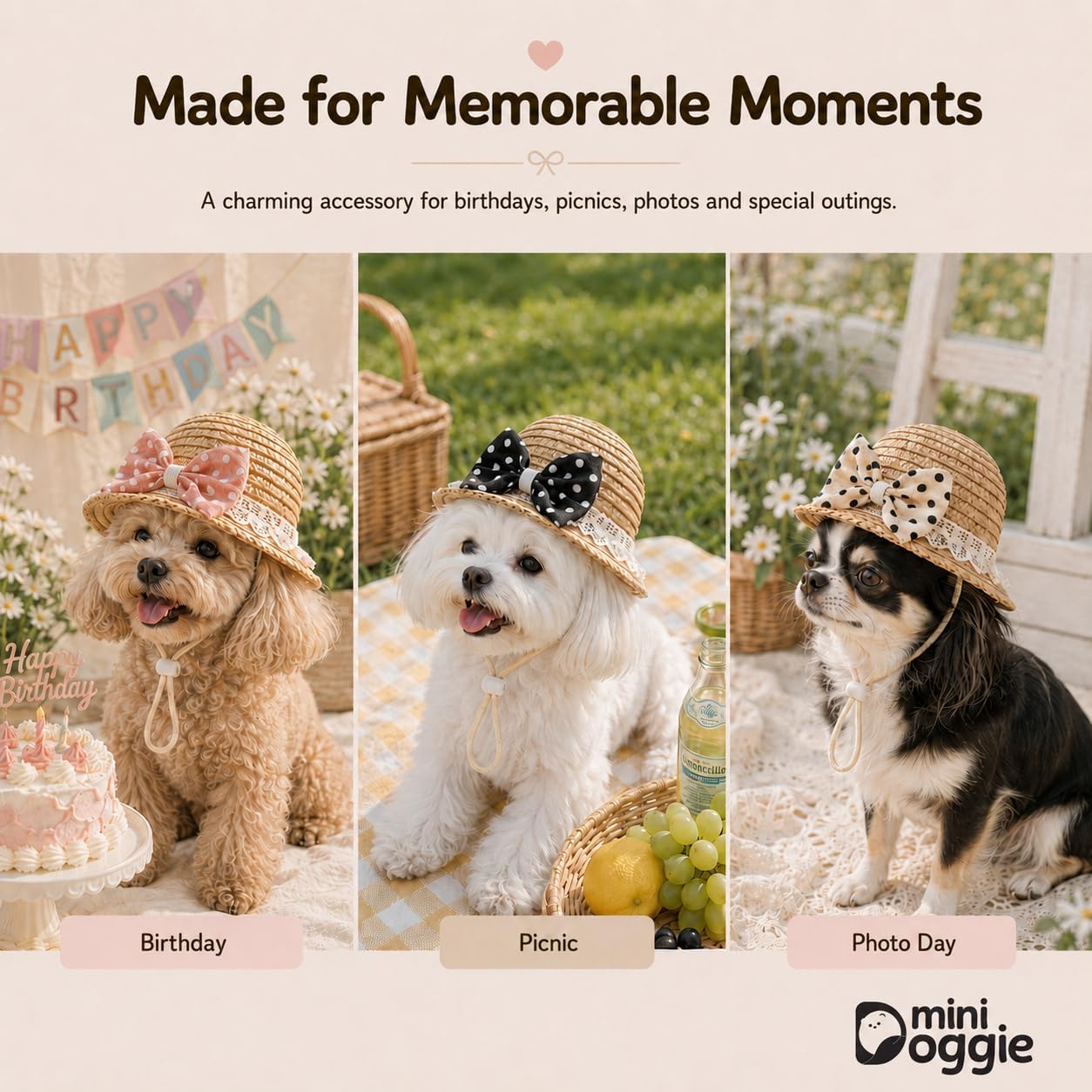 Dog Straw Sun Hat for Small Breeds — Woven Brim with Lace Trim and Fabric Bow, Adjustable Chin Strap (White Dot, Medium)
