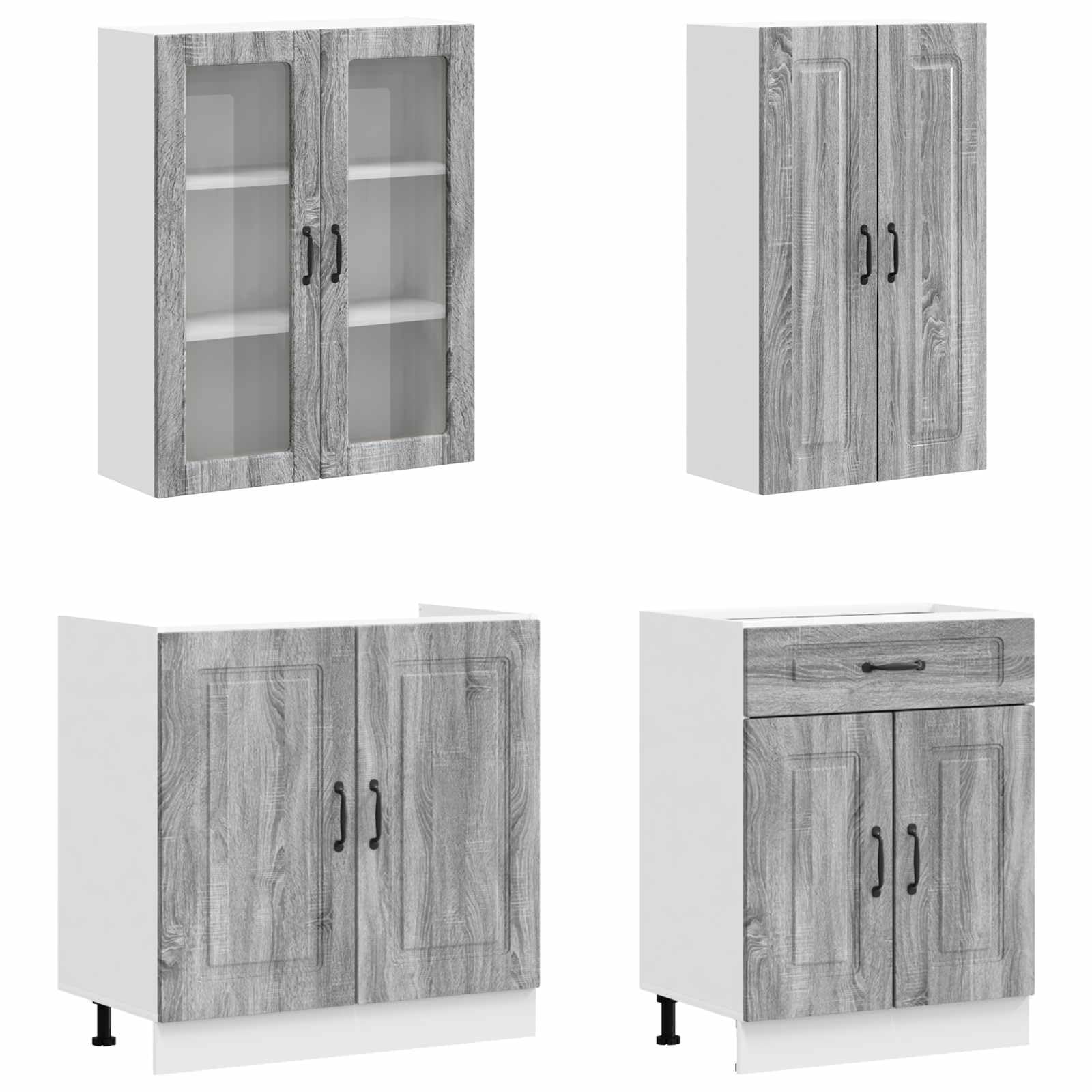 4-teilige Küchenzeile Küchenblock Grau Sonoma Holzwerkstoff | Modernes Küchenschrank Set für die Küche oder Ferienwohnung mit viel Stauraum und flexibel verstellbaren Füßen.