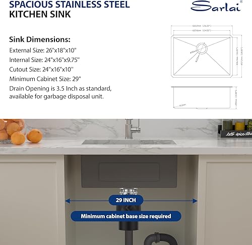 Miniatura 6 de Sarlai - Fregadero empotrado de cocina, de 26 x 18 pulgadas, de acero inoxidable calibre 16, simple