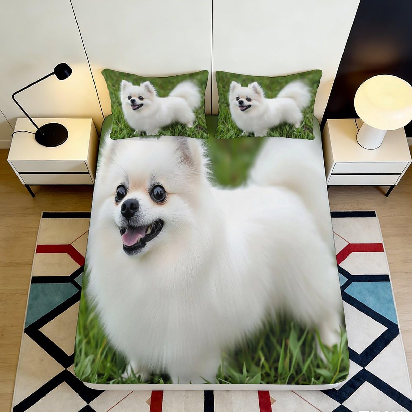 3D Printed White Pomeranian Dog Fitted Sheet Microfiber Soft Breathable Cute Puppy Bed Cover for Bedroom Dormitory Guest Room Mattress Protection 140x200x25cm