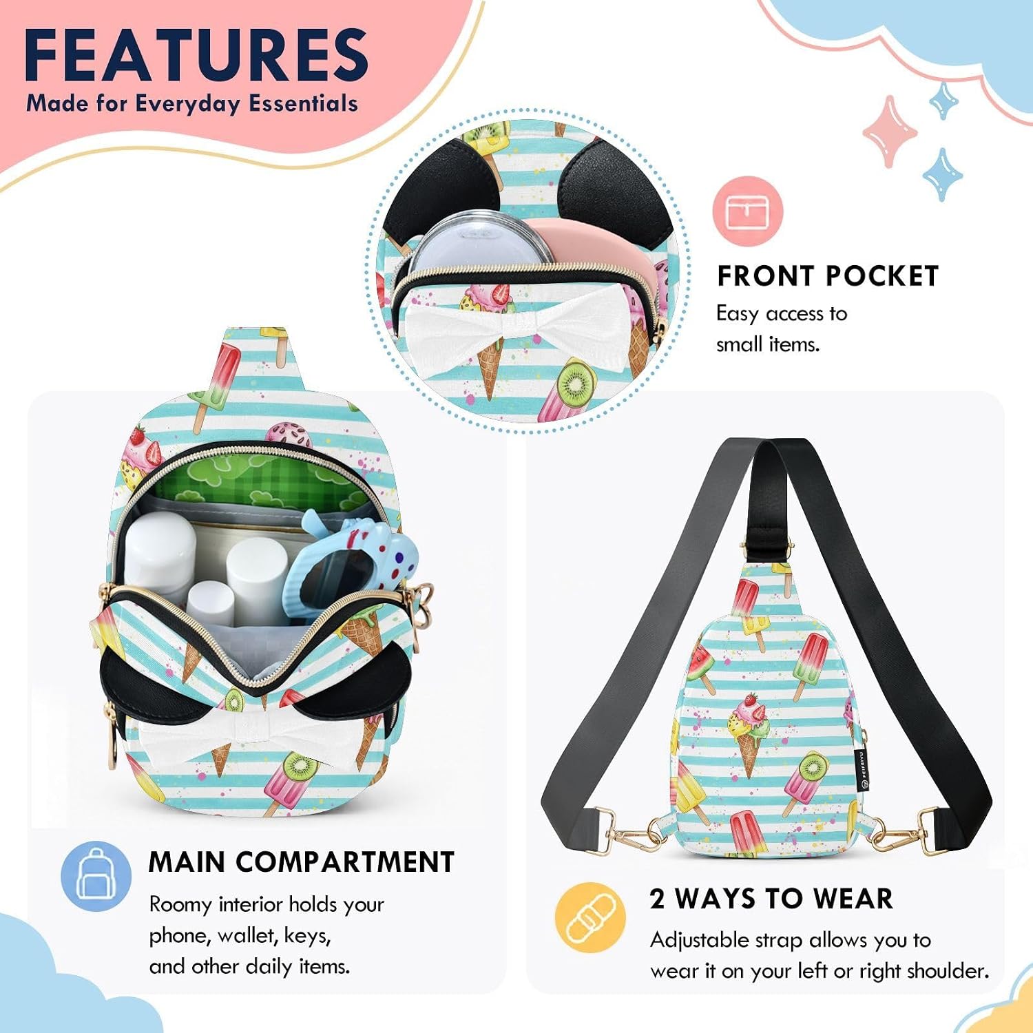 Ice Cream Kids Sling Bag for Girls, 3.1x5.7x7.5 In | Crossbody Fanny Pack, Toddler Purse, Cute Sling Belt Bag with Ears, 2L Small Shoulder Chest Bag for Travel