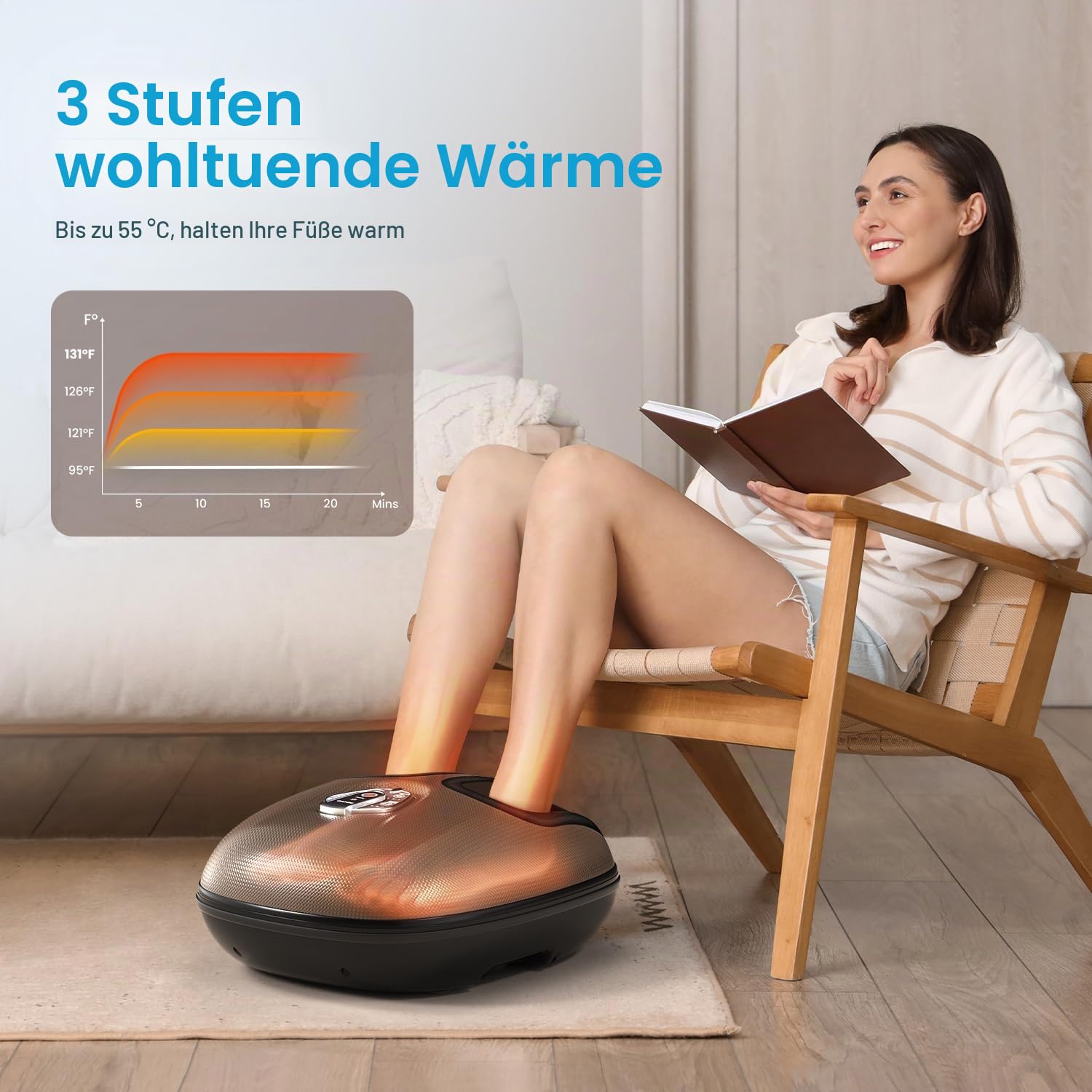 Tragbar Fußmassagegerät mit Wärme, Fussmassagegerät Elektrisch Testsieger | 3D-Knetrollen, Shiatsu-Massage & Luftkompression mit 3 Verstellbaren Intensitäten, Geschenk für Männer, Braun