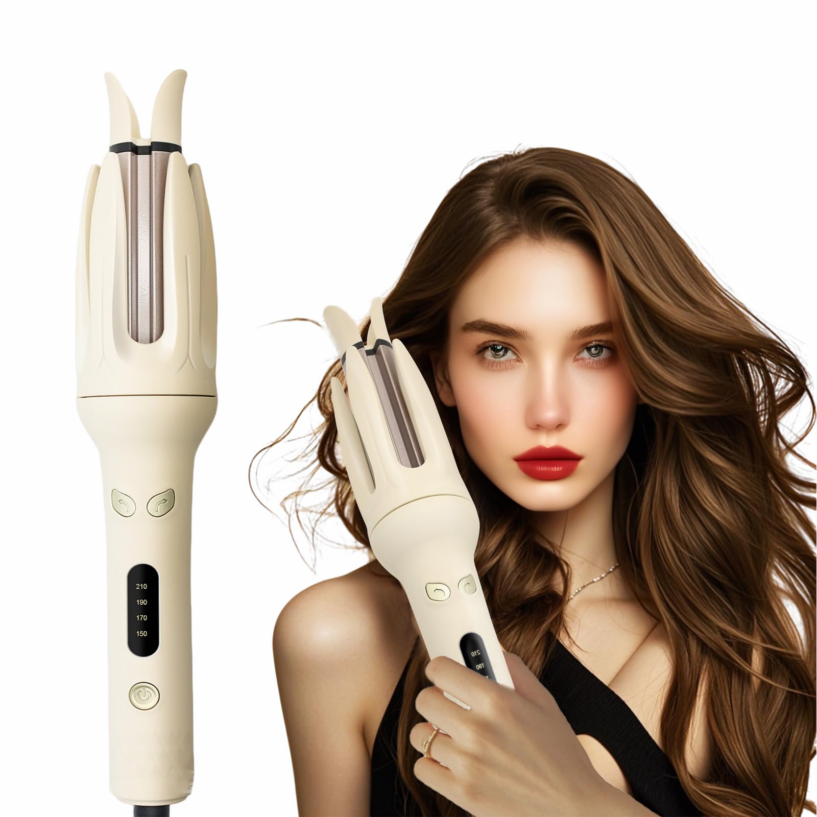 iFCOW Rotating Curling Iron, Automatic Hair Curler Fast Heating Automatic Curling Iron with 4 Adjustable Temps for Hair Styling Cream Yellow